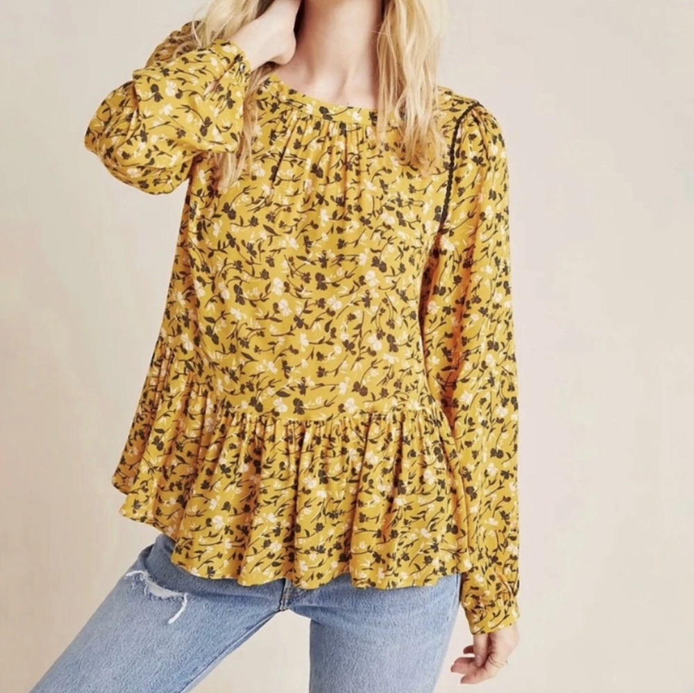 Maeve by Anthropologie Mustard Floral Peplum Blouse Long Sleeve Size M